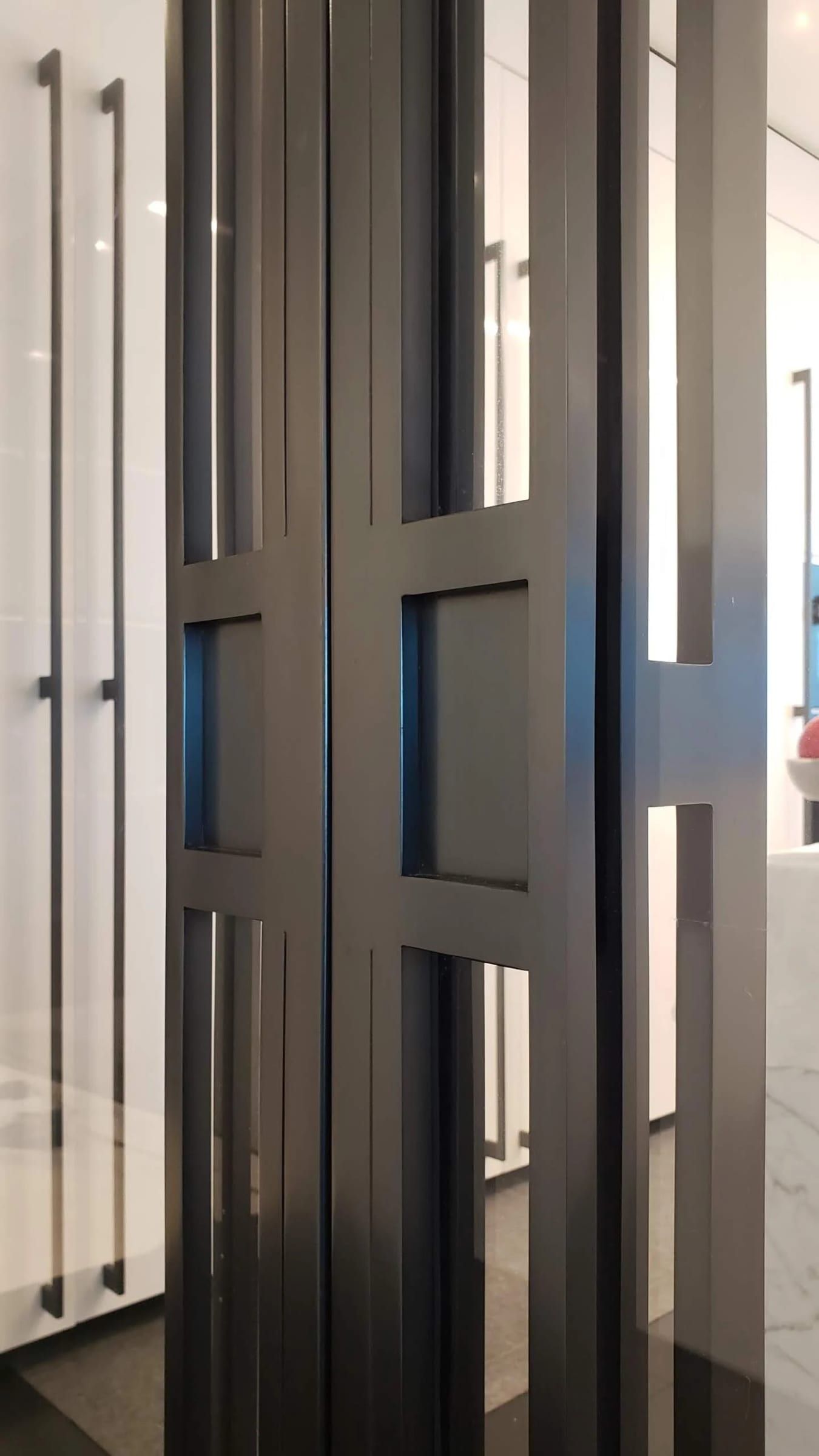 Blackened stainless door with vertical bars